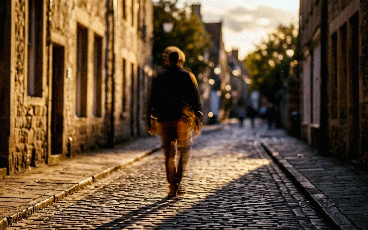 A person walking away down a quiet street in low evening sun, blurred by motion.