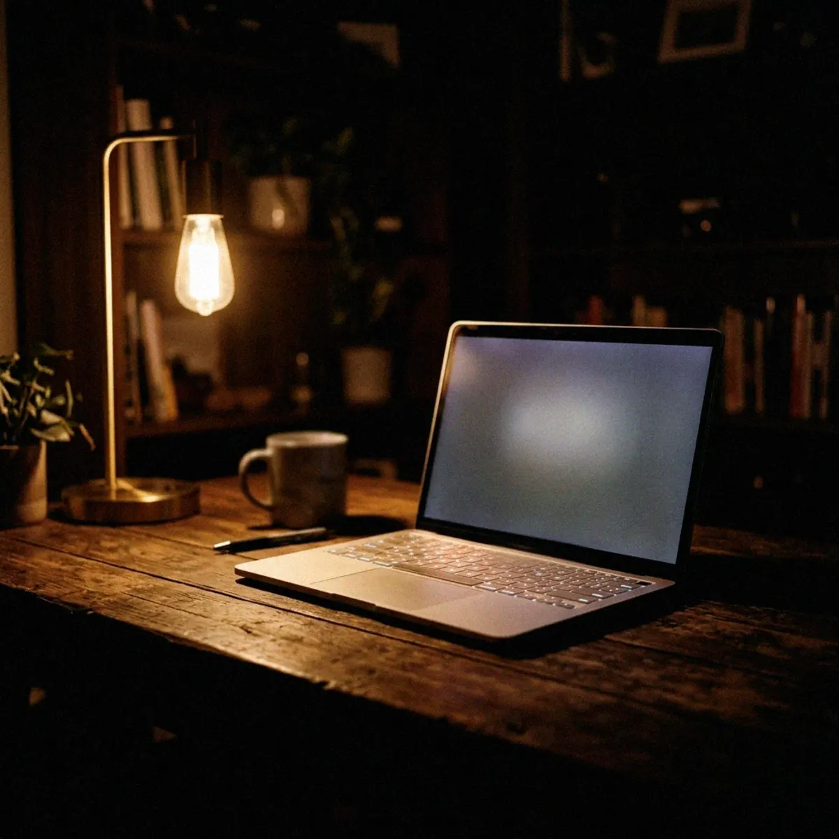 A laptop on a wooden desk at night, lit by a single warm lamp.